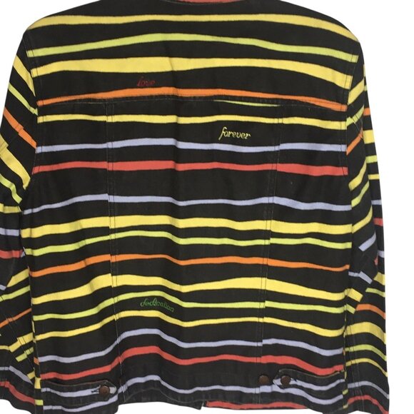 Unique Denim Jacket Womens Medium Black Multicolor Striped Embroidered Happiness - Picture 8 of 16